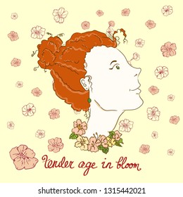 vector colroful childlike illustration of a young ginger girl with floral wreath on her neck on floral background, augmented with inspiring inscription. Girlish themes, design element, printed goods.