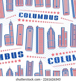 Vector Columbus Seamless Pattern, square repeat background with illustration of red columbus city scape on white background for wrapping paper, decorative line art urban poster with blue text columbus