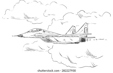 vector - Combat aircraft   flying in clouds, isolated on background