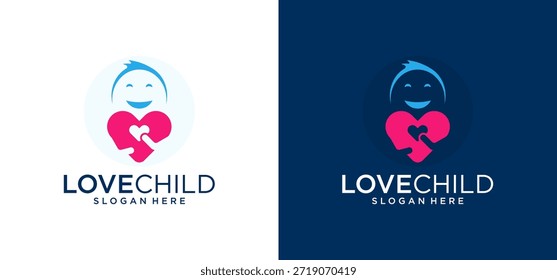 Logo de niño de combinación de Vector con un niño abrazando un corazón, simbolizando el amor. Perfecto para organizaciones de cuidado infantil, médicas y sin fines de lucro.