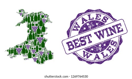 Vector combination of grape wine map of Wales and grunge seal stamp for best wine. Map of Wales collage composed with bottles and grape berries.