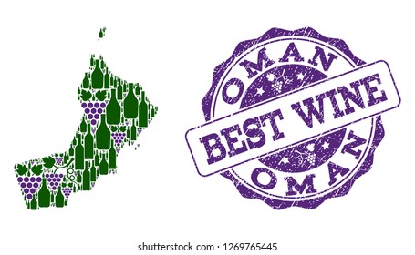 Vector combination of grape wine map of Oman and grunge stamp for best wine. Map of Oman collage designed with bottles and grape berries.