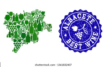 Vector combination of grape wine map of Albacete Spanish Province and blue grunge stamp for best wine awards. Map of Albacete Spanish Province collage created with green bottles and grape berries.