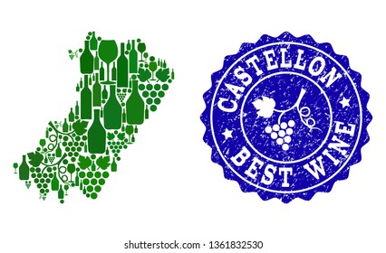 Vector combination of grape wine map of Castellon Spanish Province and blue grunge stamp for best wine awards. Map of Castellon Spanish Province collage designed with green bottles and grape berries.