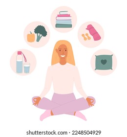 Vector combination of healthy habits for wellbeing. A calm smiling woman sitting in the lotus position. Various daily rituals for a happy lifestyle and inner peace.