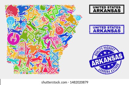 Vector combination of service Arkansas State map and blue watermark for quality product. Arkansas State map collage constructed with tools, spanners, production icons.