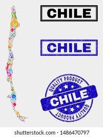 Vector combination of service Chile map and blue watermark for quality product. Chile map collage composed with tools, spanners, industry icons.