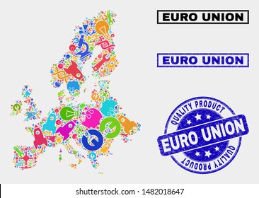 Vector combination of service Euro Union map and blue watermark for quality product. Euro Union map collage designed with equipment, wrenches, science symbols.