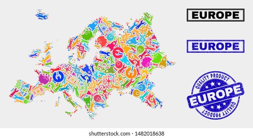 Vector combination of service Europe map and blue seal for quality product. Europe map collage composed with tools, spanners, industry symbols.