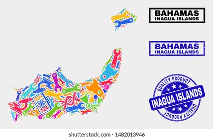 Vector combination of service Inagua Islands map and blue stamp for quality product. Inagua Islands map collage created with equipment, spanners, industry icons.