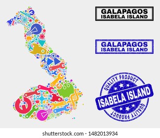 Vector combination of service Isabela Island of Galapagos map and blue watermark for quality product. Isabela Island of Galapagos map collage composed with tools, wrenches, production symbols.