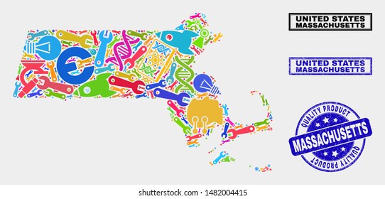 Vector combination of service Massachusetts State map and blue seal stamp for quality product. Massachusetts State map collage formed with tools, wrenches, production symbols.