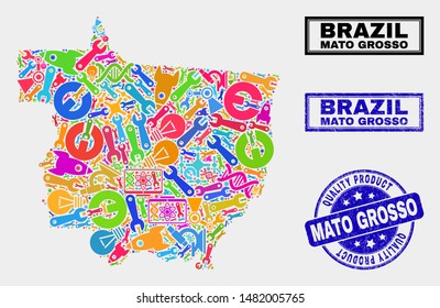 Vector combination of service Mato Grosso State map and blue seal for quality product. Mato Grosso State map collage formed with equipment, wrenches, science symbols.
