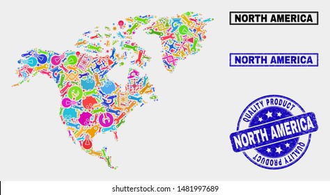 Vector combination of service North America map and blue seal for quality product. North America map collage made with tools, spanners, industry symbols.