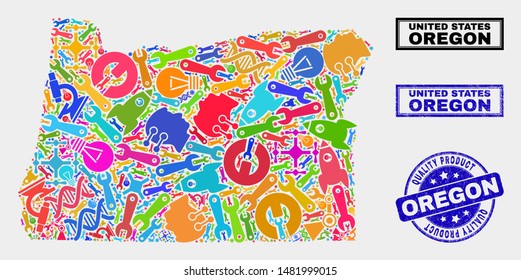 Vector combination of service Oregon State map and blue seal for quality product. Oregon State map collage composed with equipment, spanners, industry icons.