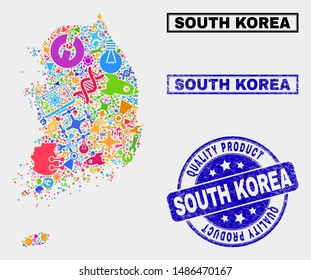 Vector combination of service South Korea map and blue watermark for quality product. South Korea map collage formed with equipment, wrenches, production symbols.