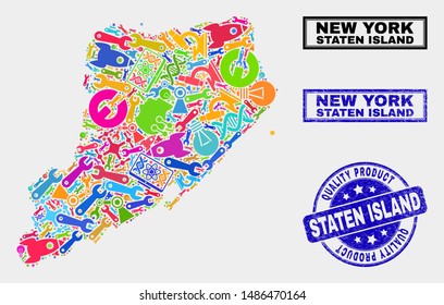 Vector combination of service Staten Island map and blue seal stamp for quality product. Staten Island map collage constructed with tools, wrenches, science symbols.