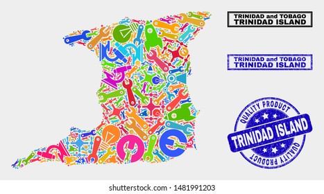 Vector combination of service Trinidad Island map and blue seal stamp for quality product. Trinidad Island map collage formed with equipment, wrenches, production symbols.