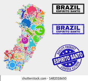 Vector combination of tools Espirito Santo State map and blue watermark for quality product. Espirito Santo State map collage designed with tools, spanners, industry icons.
