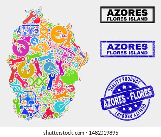 Vector combination of tools Flores Island of Azores map and blue seal stamp for quality product. Flores Island of Azores map collage formed with tools, wrenches, production icons.