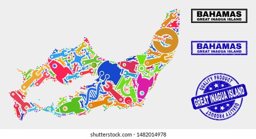 Vector combination of tools Great Inagua Island map and blue seal for quality product. Great Inagua Island map collage formed with tools, spanners, science icons.