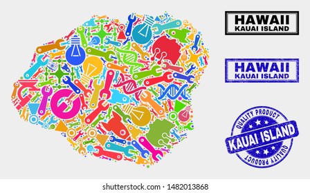 Vector combination of tools Kauai Island map and blue stamp for quality product. Kauai Island map collage made with tools, spanners, industry symbols.