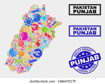 Vector combination of tools Punjab Province map and blue seal stamp for quality product. Punjab Province map collage created with tools, spanners, science symbols.