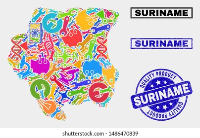 Vector combination of tools Suriname map and blue seal stamp for quality product. Suriname map collage created with tools, spanners, production symbols.
