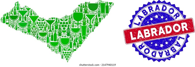 Vector combination of wine Alagoas State map with grunge bicolor Labrador seal. Red and blue bicolored stamp with grunge texture and Labrador slogan.