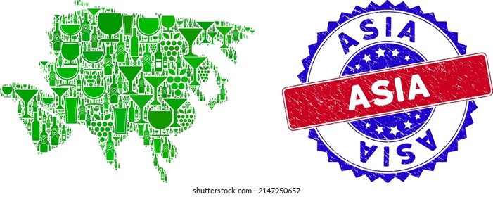 Vector combination of wine Asia map with grunge bicolor Asia seal stamp. Red and blue bicolored seal with grunge style and Asia word. Asia map collage created with wine cups,