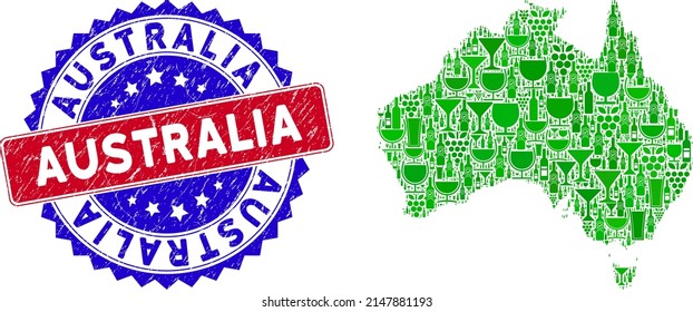 Vector combination of wine Australia map with grunge bicolor Australia seal. Red and blue bicolored imprint with grunge texture and Australia caption. Australia map collage designed with wine cups,