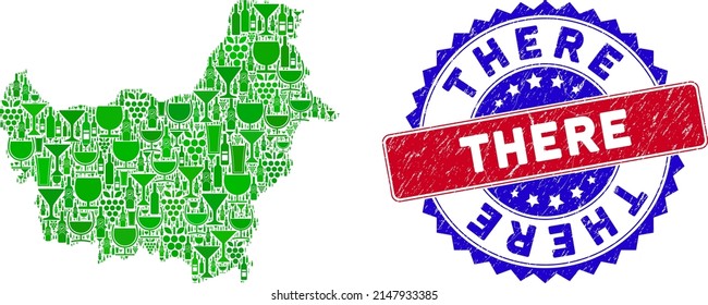 Vector combination of wine Borneo map with grunge bicolor There seal stamp. Red and blue bicolored stamp with distress surface and There caption. Borneo map collage designed with wine glasses,