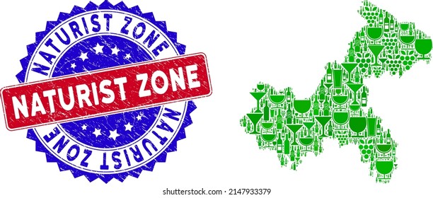 Vector combination of wine Chongqing City map and grunge bicolor Naturist Zone stamp. Red and blue bicolored stamp with rubber texture and Naturist Zone slogan.