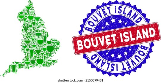 Vector combination of wine England map with grunge bicolor Bouvet Island seal stamp. Red and blue bicolored stamp with grunge texture and Bouvet Island caption.