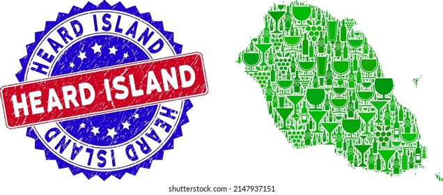 Combinación vectorial del mapa de la isla de Graciosa y del sello de la isla Heard bicolor. Sello bicolores rojo y azul con estilo grunge y texto de Heard Island.