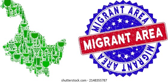 Combinación vectorial del mapa de la provincia de Heilongjiang con el sello del área migratoria bicolor. Sello bicolores rojo y azul con estilo grunge y lema del Área Migrante.