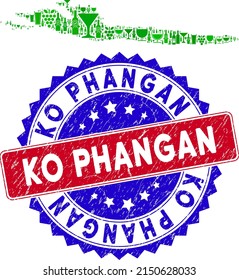 Vector combination of wine Hvar Island map with grunge bicolor Ko Phangan seal stamp. Red and blue bicolored stamp with grunge surface and Ko Phangan slogan.