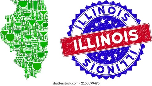 Vector combination of wine Illinois State map and grunge bicolor Illinois seal. Red and blue bicolored seal with distress style and Illinois tag. Illinois State map collage is created with wine cups,