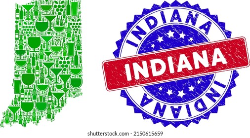 Vector combination of wine Indiana State map with grunge bicolor Indiana seal. Red and blue bicolored seal with unclean style and Indiana caption. Indiana State map collage is designed with wine cups,