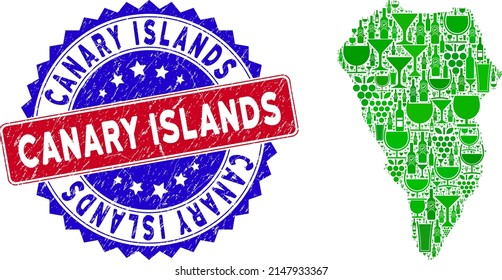 Vector combination of wine La Palma Island map with grunge bicolor Canary Islands seal stamp. Red and blue bicolored watermark with grunge surface and Canary Islands tag.