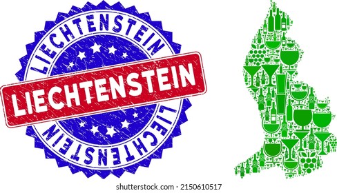 Vector combination of wine Liechtenstein map with grunge bicolor Liechtenstein seal. Red and blue bicolored seal with grunge surface and Liechtenstein phrase.