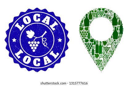 Vector combination of wine local place and grape grunge seal stamp. Local place collage composed with bottles and grape berries bunches.