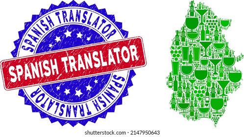 Vector Combination Of Wine Lugo Province Map And Grunge Bicolor Spanish Translator Seal Stamp. Red And Blue Bicolored Imprint With Grunge Surface And Spanish Translator Caption.