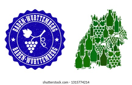 Vector combination of wine map of Baden-Wurttemberg State and grape grunge seal stamp. Map of Baden-Wurttemberg State collage formed with bottles and grape berries bunches.