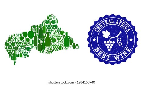 Vector combination of wine map of Central African Republic and best grape wine grunge seal. Map of Central African Republic collage designed with bottles and grape berries bunches.