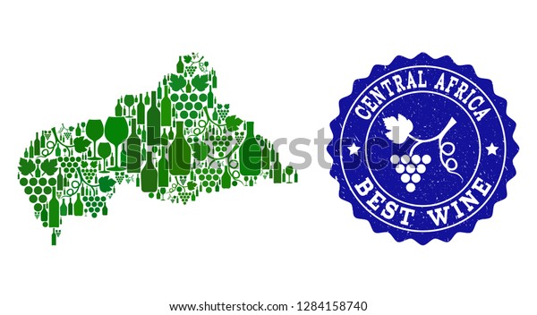 Vector\
combination of wine map of Central African Republic and best grape\
wine grunge seal. Map of Central African Republic collage designed\
with bottles and grape berries\
bunches.