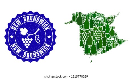 Vector combination of wine map of New Brunswick Province and grape grunge stamp. Map of New Brunswick Province collage designed with bottles and grape berries bunches.