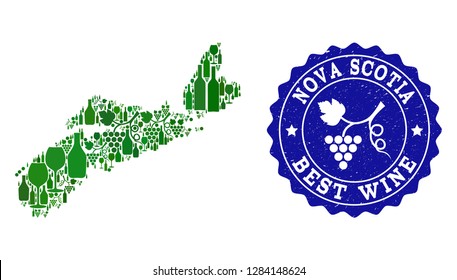 Vector combination of wine map of Nova Scotia Province and best grape wine grunge seal stamp. Map of Nova Scotia Province collage composed with bottles and grape berries bunches.