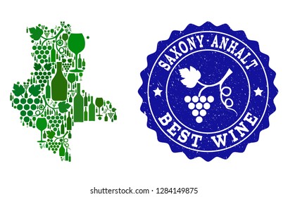 Vector combination of wine map of Saxony-Anhalt State and best grape wine grunge seal. Map of Saxony-Anhalt State collage formed with bottles and grape berries bunches.