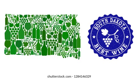 Vector combination of wine map of South Dakota State and best grape wine grunge watermark. Map of South Dakota State collage composed with bottles and grape berries bunches.